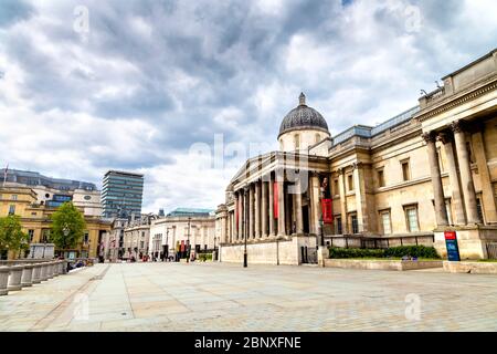 16 May 2020 London, UK - Trafalgar Square and National Gallery empty on a weekend during the Coronavirus pandemic lockdown Stock Photo