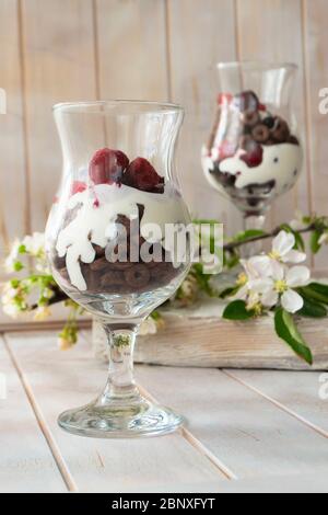Layered dessert with chocolate cake, whipped cream and raspberry in a jar, spring flowers Stock Photo