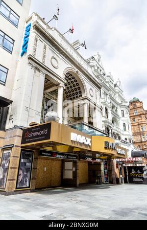 16 May 2020 London, UK - Cineworld Leicester Square Cinema boarded up and closed during the Coronavirus pandemic lockdown Stock Photo