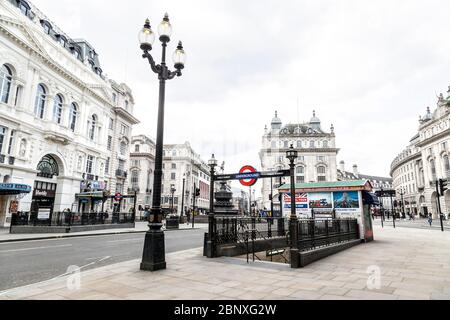 16 May 2020 London, UK - Piccadilly Circus Underground Station and area usually busy with tourists empty during the Coronavirus pandemic lockdown Stock Photo