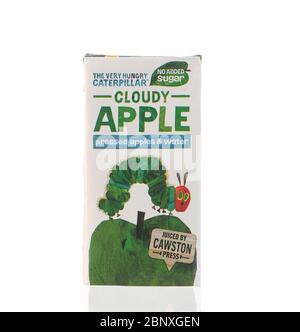 Very hungry caterpillar cloudy apple fruit drink carton juiced by Cawston press isolated on a white background. Stock Photo