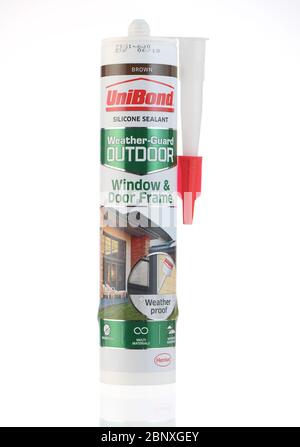 Unibond silicone weather proof sealant tube isolated on a white background. Stock Photo