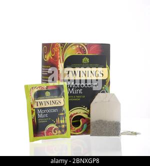 Twinings Moroccan Mint Tea box and bag photographed in the studio isolated against a white background. Stock Photo
