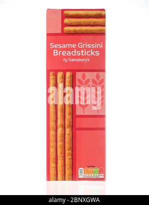 Sesame Grissini breadsticks box by Sainsbury's isolated on a white background. Stock Photo