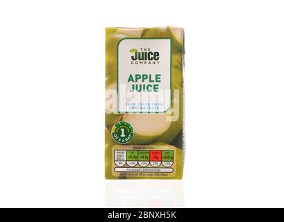 The juice company apple juice carton fruit juice drink isolated on white background. Stock Photo