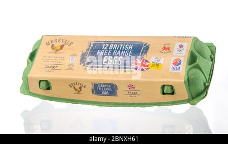 A box of 12 British free range eggs from Merevale farms isolated on a white background. Stock Photo