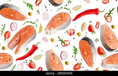 Seamles pattern of flying salmon with vegetables and herbs iolated on white Stock Photo