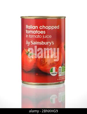 Sainsburys brand Italian chopped tomatoes can isolated on white background with reflection. Stock Photo
