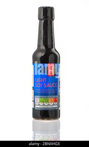 A bottle of Aldi light soy sauce isolated against a white background. Stock Photo