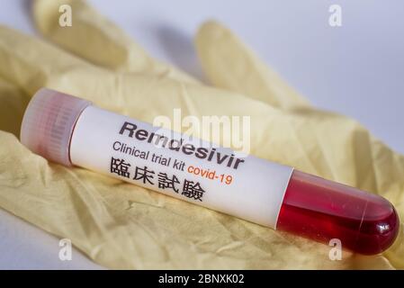 Test tube with Remdesivir and blood for laboratory testing against covid-19, Denmark, May 16, 2020 Stock Photo