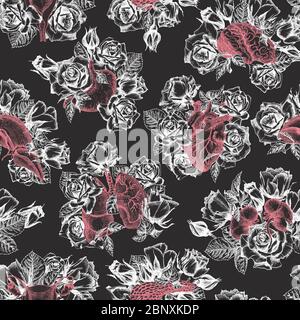 Seamless pattern Realistic hand-drawn icon of human internal organ with bouquet roses on chalkboard and flower frame. Sketch Engraving style. Stock Vector