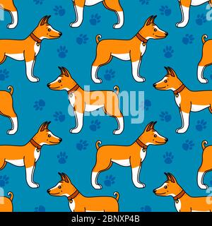 Basenji puppy cartoon style. Vector dog hand drawn illustration with footprints. Seamless pattern isolated on white background. Stock Vector