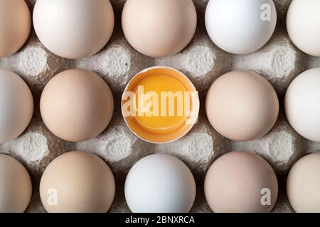 Chicken eggs in organic packaging closeup. Egg half broken among other eggs. Food photography Stock Photo