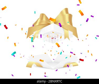 Surprise gift box. Falling confetti vector illustration. Stock Vector