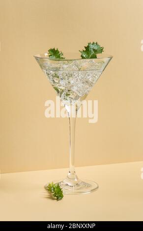 Fresh cocktail drink with ice garnish green leaves. Trendy still life Stock Photo