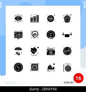 Modern Set of 16 Solid Glyphs and symbols such as cake, shopping, chart, sticker, ecommerce Editable Vector Design Elements Stock Vector