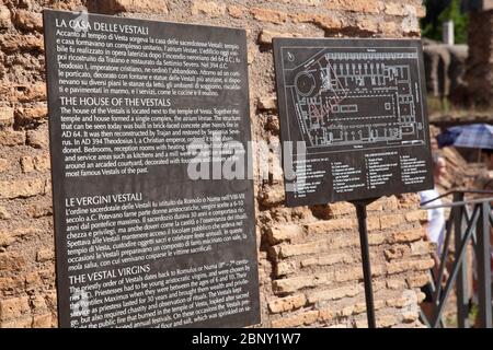 House of the vestals the vestal virgins at the Forum in Rome,Lazio,Italy and signage information for tourists Stock Photo