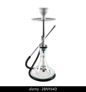 Hookah with a transparent glass flask. Isolated on a white background. Clay hookah bowl. Stock Photo