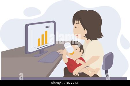 A mom works from home on computer program while she is feeding her baby Stock Vector