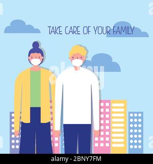 parents couple using face masks for covid19 on the beach Stock Vector ...