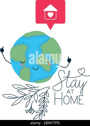 kawaii world cartoon and stay at home text vector design Stock Vector