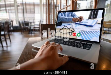 Online Group Videoconference On Laptop video call with teacher on computer, learning online from home videoconference application chat communicate Stock Photo