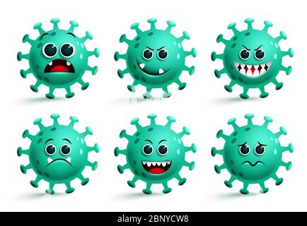 Covid19 coronavirus emoticon icon vector set. Coronavirus covid-19 smiley icon and emoji with sad and scary facial expressions isolated. Stock Vector