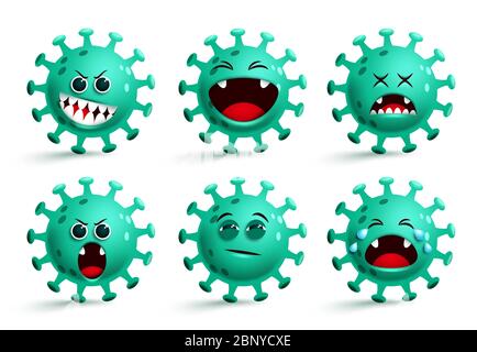 Covid-19 coronavirus emoji vector set. Coronavirus covid19 smileys emoticon and emojis with happy and surprise facial expressions isolated. Stock Vector