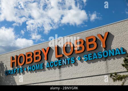 A logo sign outside of a Hobby Lobby retail store location in Lebanon, Pennsylvania on May 4, 2020. Stock Photo