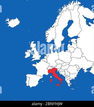 Italy map highlighted on europe map. White on blue background. Perfect for business concepts, backgrounds, backdrop, poster, sticker, banner, label an Stock Vector