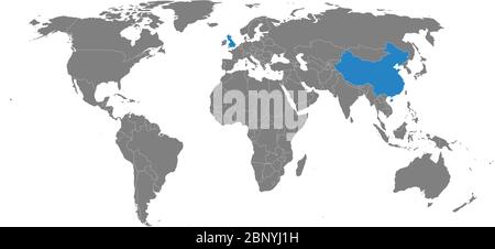 United kingdom, china highlighted on world political map. Gray ...