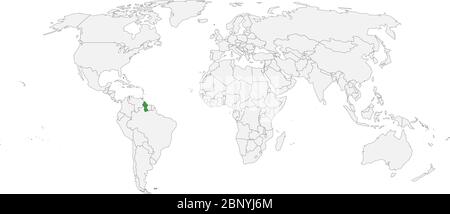 Guyana map highlighted on world map. Light gray background. Perfect for backgrounds, backdrop, chart, label, sticker, poster, banner and wallpapers. Stock Vector