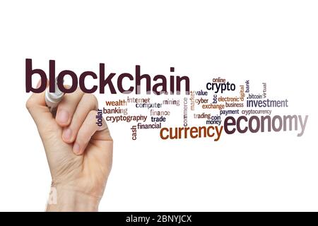 Blockchain economy word cloud concept on white background Stock Photo