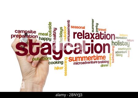 Staycation word cloud concept on white background Stock Photo
