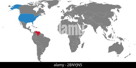 Venezuela, USA countries highlighted on world map. Gray background. Business concepts, trade, transportation, economic. Stock Vector