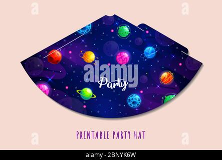 Party hats printable. Space party. Print and cut. Happy birthday elements. Vector set of cones template to head for holiday. Stock Vector