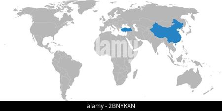 Turkey, china countries highlighted on world map. Light gray background. Business concepts, cultural, trade, transport relations. Stock Vector