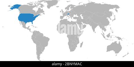 Austria, USA countries highlighted on world map. Light gray background. Business concepts, diplomatic, trade, transport relations. Stock Vector