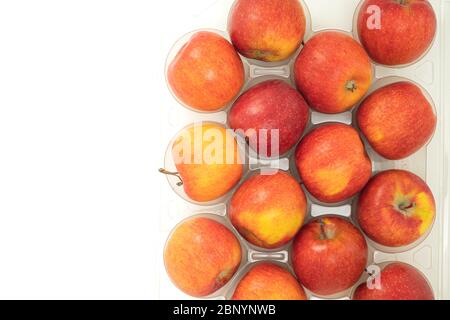 Fresh red apples close up on white background with copy space, view from above Stock Photo