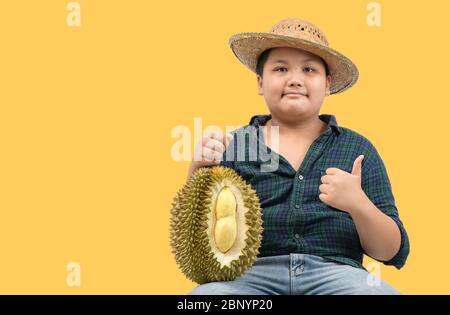 king of fruit in Thailand , Little boy farmer holding Mon Thong Durian isolated on yellow background with copy space and clipping path, Summer fruits, Stock Photo