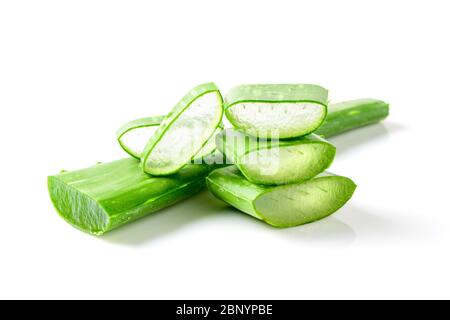 Fresh Slice Aloe Vera iaolated on white background, useful herbal medicine for skin care and hair care and beauty products. Stock Photo
