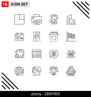 Pack of 16 Modern Outlines Signs and Symbols for Web Print Media such as canada, modern, phone, estate, apartment Editable Vector Design Elements Stock Vector