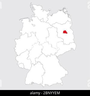 Berlin province highlighted on germany map. Gray background. German political map. Stock Vector