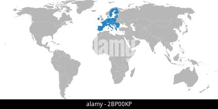 European union countries highlighted on world map. Without United kingdom map. Perfect for Business concepts, backgrounds, backdrop, sticker, label, p Stock Vector