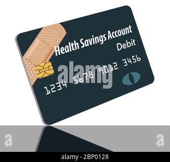 A mock generic Health Savings Account debit card is pictured. The HSA card is seen in a vector illustration. An adhesive bandage decorates the card. Stock Vector