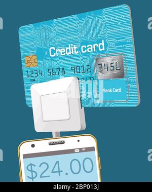 A credit card slides through a portable card reader attached to a cell phone Stock Vector