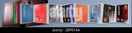 Many credit cards are displayed in a wallet Stock Vector