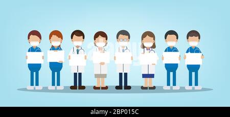 Medical staffs with blank sign flat design vector illustration Stock Vector