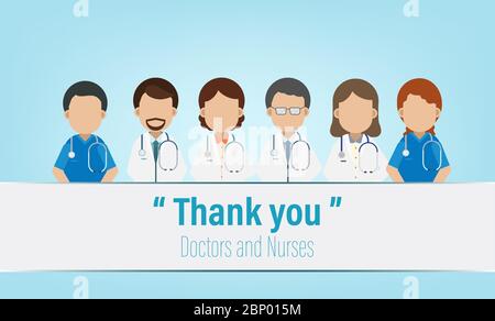 Thank you label with set of doctor and nurses flat design vector illustration Stock Vector