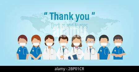 Thank you concept with set of doctor and nurses flat design vector illustration Stock Vector